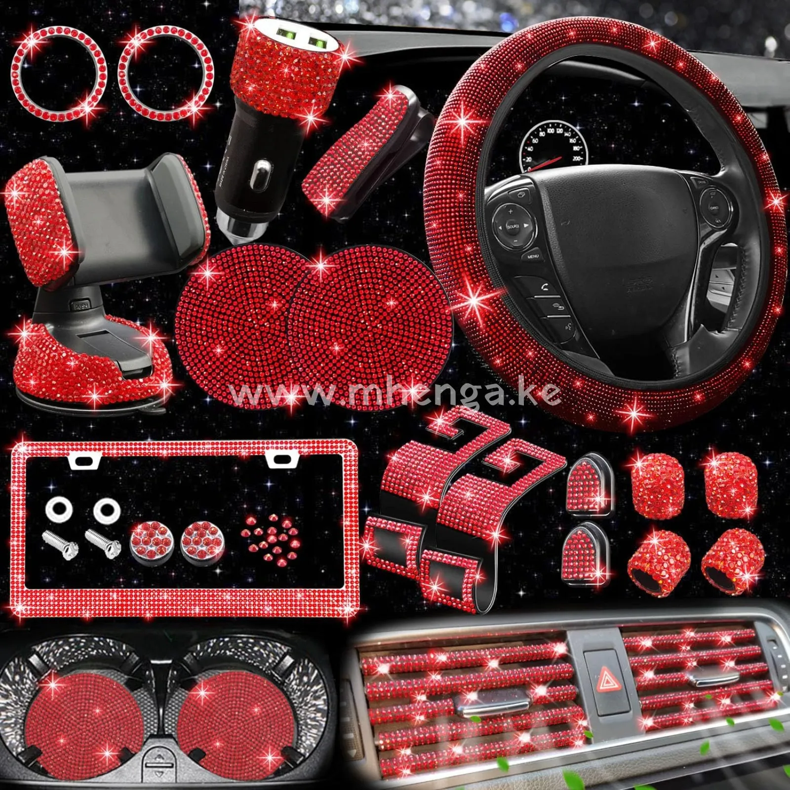27 PCs Bling Car Accessories Set for Women, Bling Steering Wheel Covers Universal Fit 15 Inch, Bling License Plate Frame, Bling Phone Holder, Bling Car Coasters (Yellow Diamond)