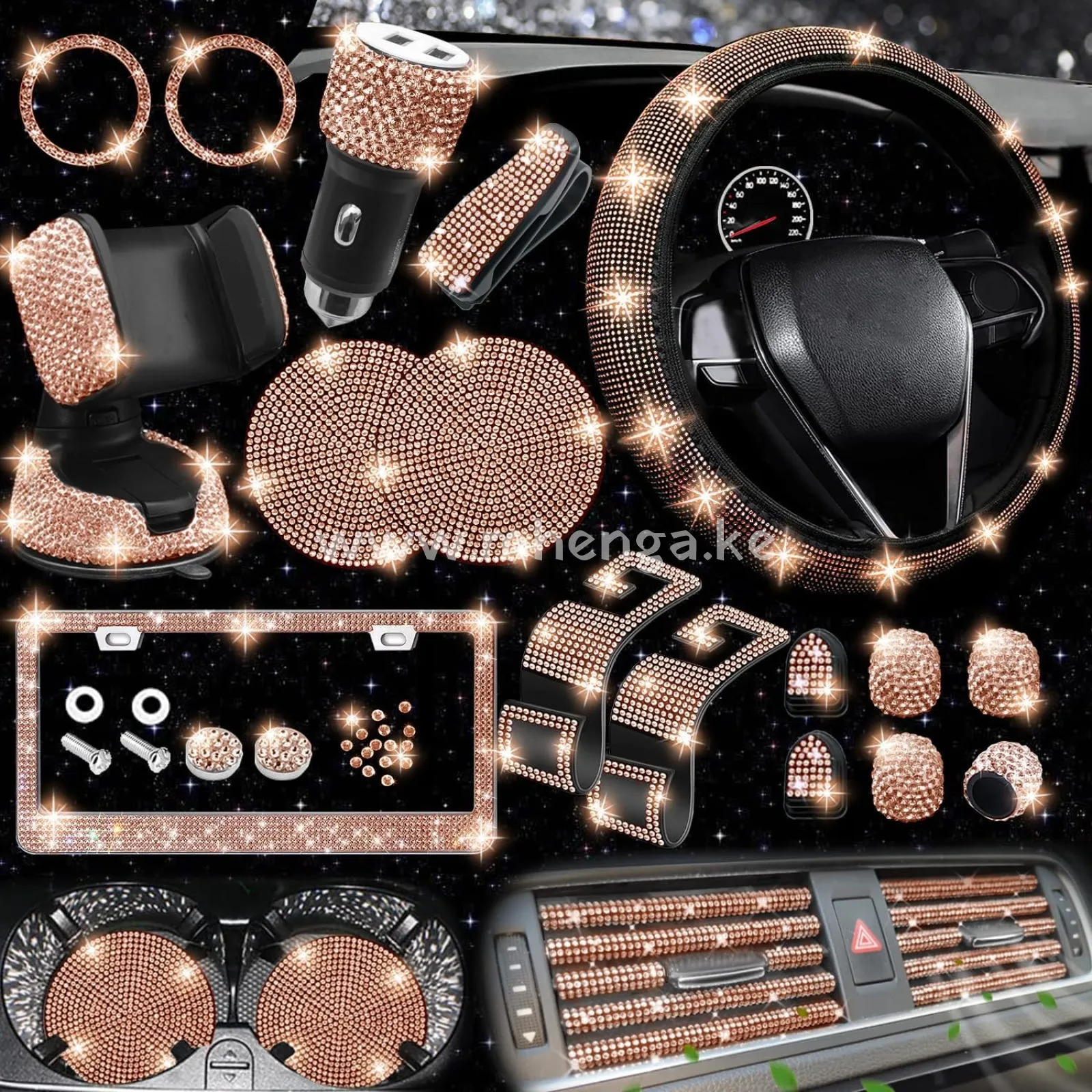 27 PCs Bling Car Accessories Set for Women, Bling Steering Wheel Covers Universal Fit 15 Inch, Bling License Plate Frame, Bling Phone Holder, Bling Car Coasters (Yellow Diamond)
