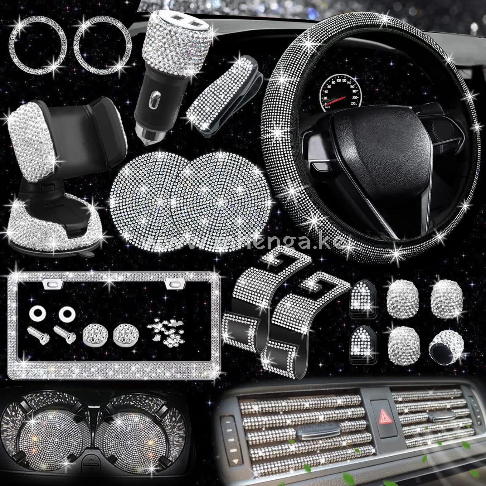 27 PCs Bling Car Accessories Set for Women, Bling Steering Wheel Covers Universal Fit 15 Inch, Bling License Plate Frame, Bling Phone Holder, Bling Car Coasters (Yellow Diamond)