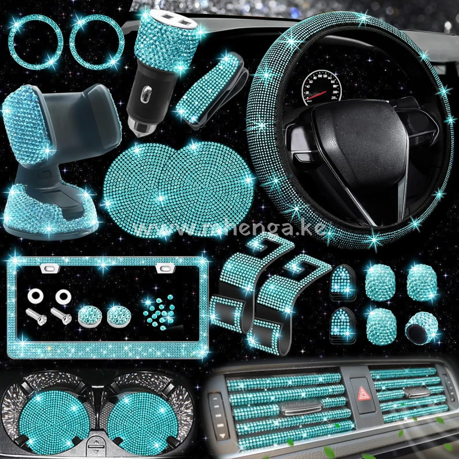 27 PCs Bling Car Accessories Set for Women, Bling Steering Wheel Covers Universal Fit 15 Inch, Bling License Plate Frame, Bling Phone Holder, Bling Car Coasters (Yellow Diamond)