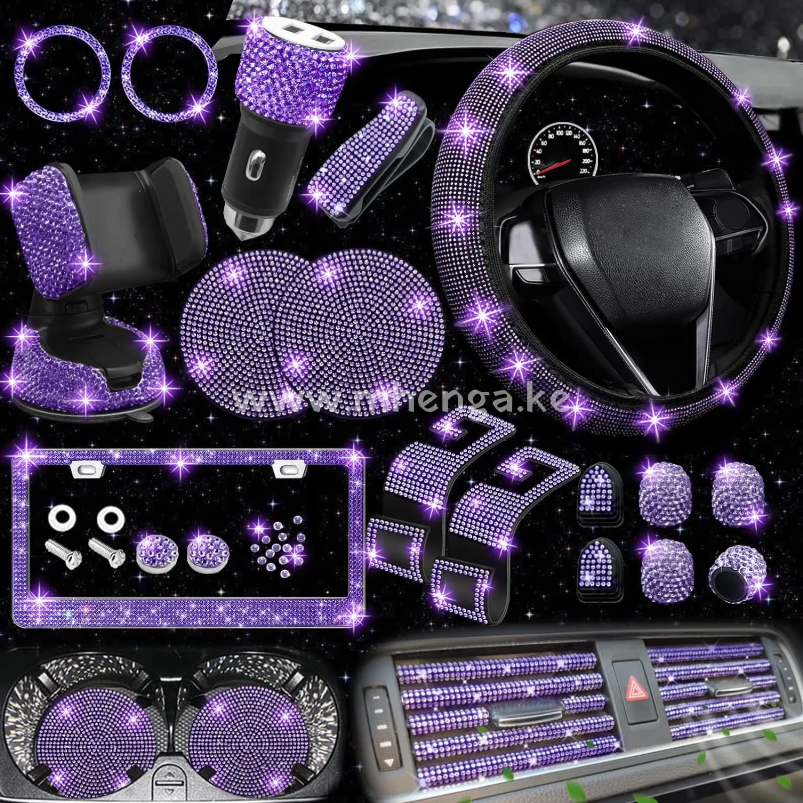 27 PCs Bling Car Accessories Set for Women, Bling Steering Wheel Covers Universal Fit 15 Inch, Bling License Plate Frame, Bling Phone Holder, Bling Car Coasters (Yellow Diamond)