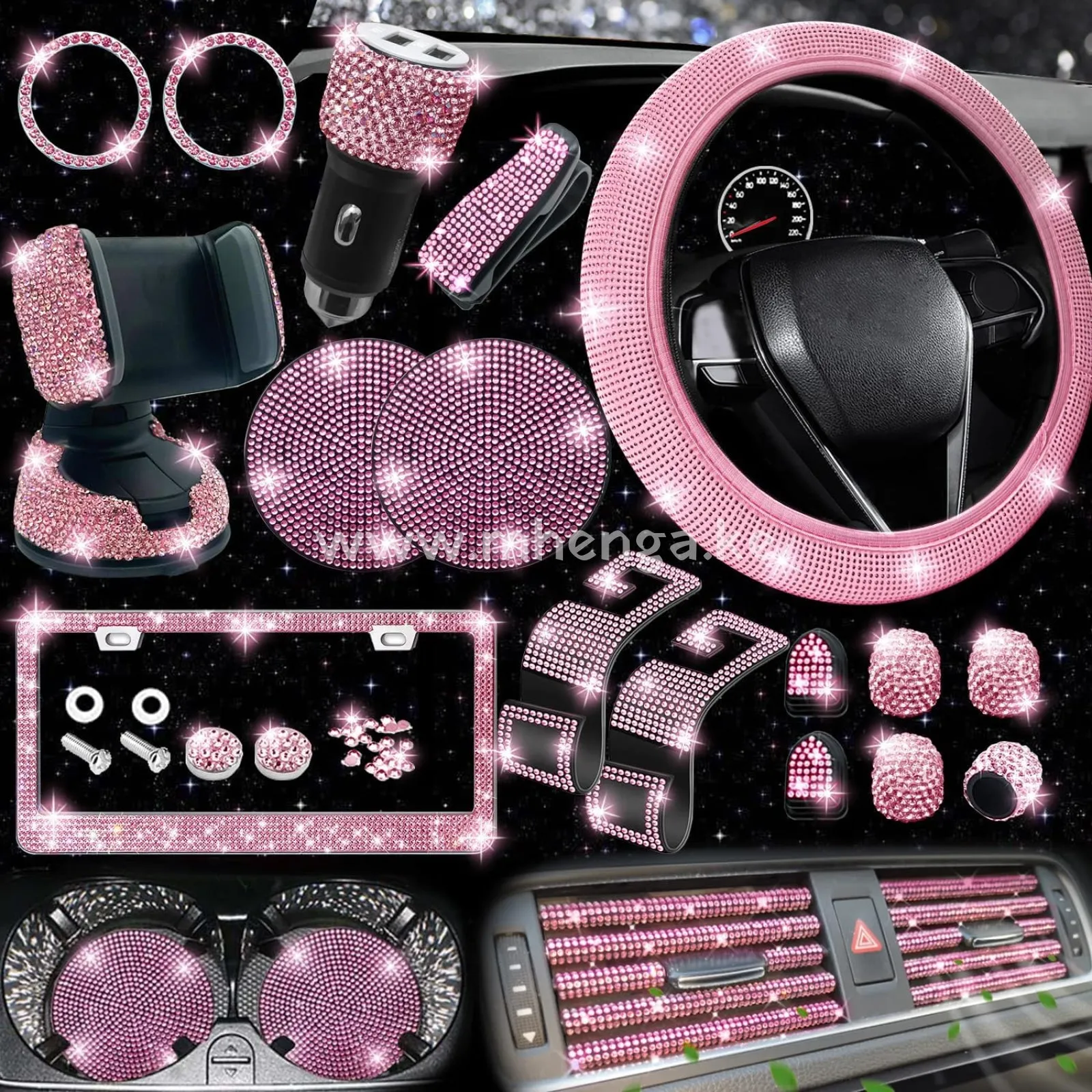 27 PCs Bling Car Accessories Set for Women, Bling Steering Wheel Covers Universal Fit 15 Inch, Bling License Plate Frame, Bling Phone Holder, Bling Car Coasters (Yellow Diamond)