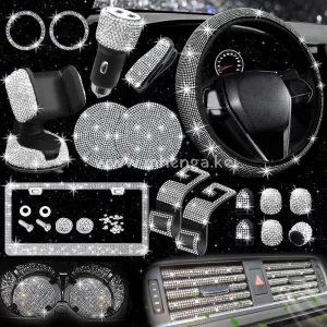 27 PCs Bling Car Accessories Set for Women, Bling Steering Wheel Covers Universal Fit 15 Inch, Bling License Plate Frame, Bling Phone Holder, Bling Car Coasters (Yellow Diamond)