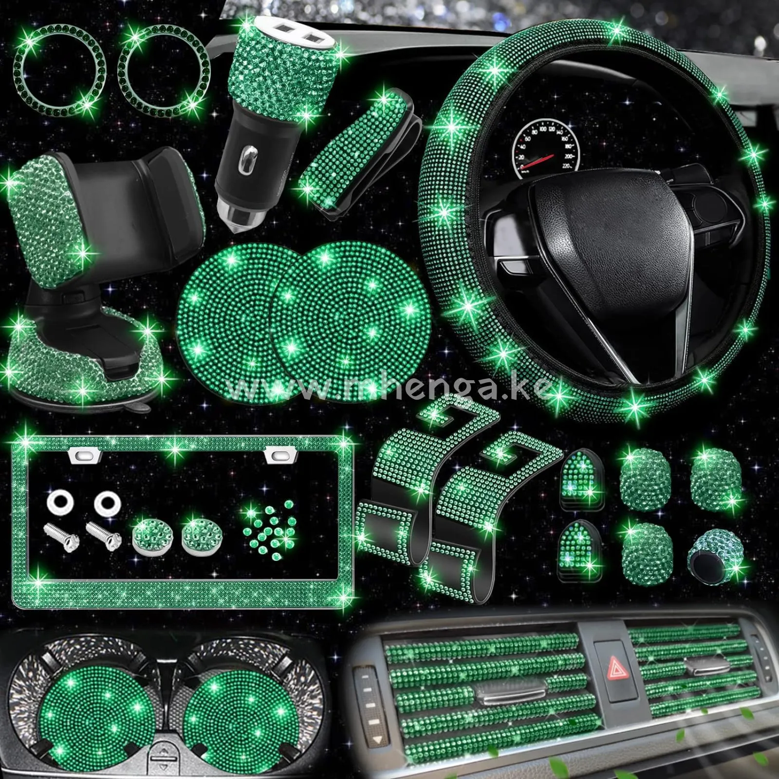 27 PCs Bling Car Accessories Set for Women, Bling Steering Wheel Covers Universal Fit 15 Inch, Bling License Plate Frame, Bling Phone Holder, Bling Car Coasters (Yellow Diamond)