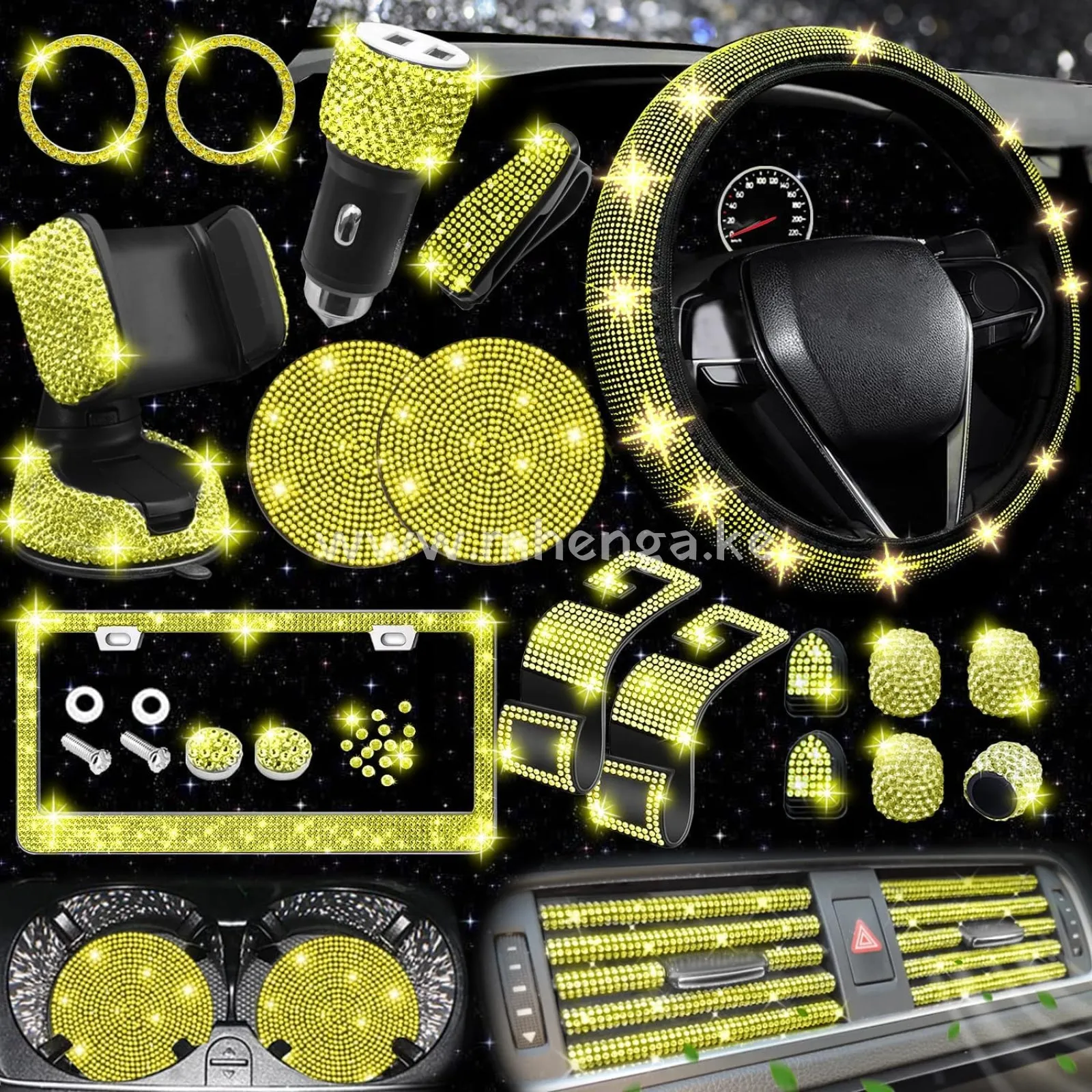 27 PCs Bling Car Accessories Set for Women, Bling Steering Wheel Covers Universal Fit 15 Inch, Bling License Plate Frame, Bling Phone Holder, Bling Car Coasters (Yellow Diamond)