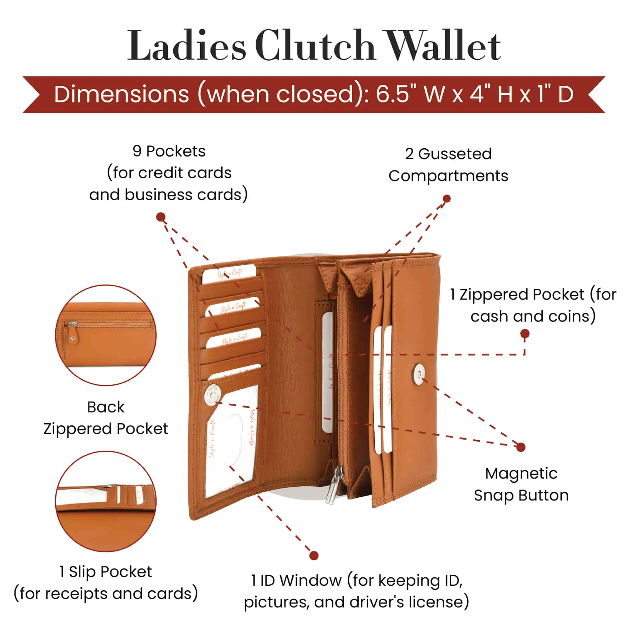 300953-CG Ladies Clutch Wallet in Tan Color Leather | Style n Craft