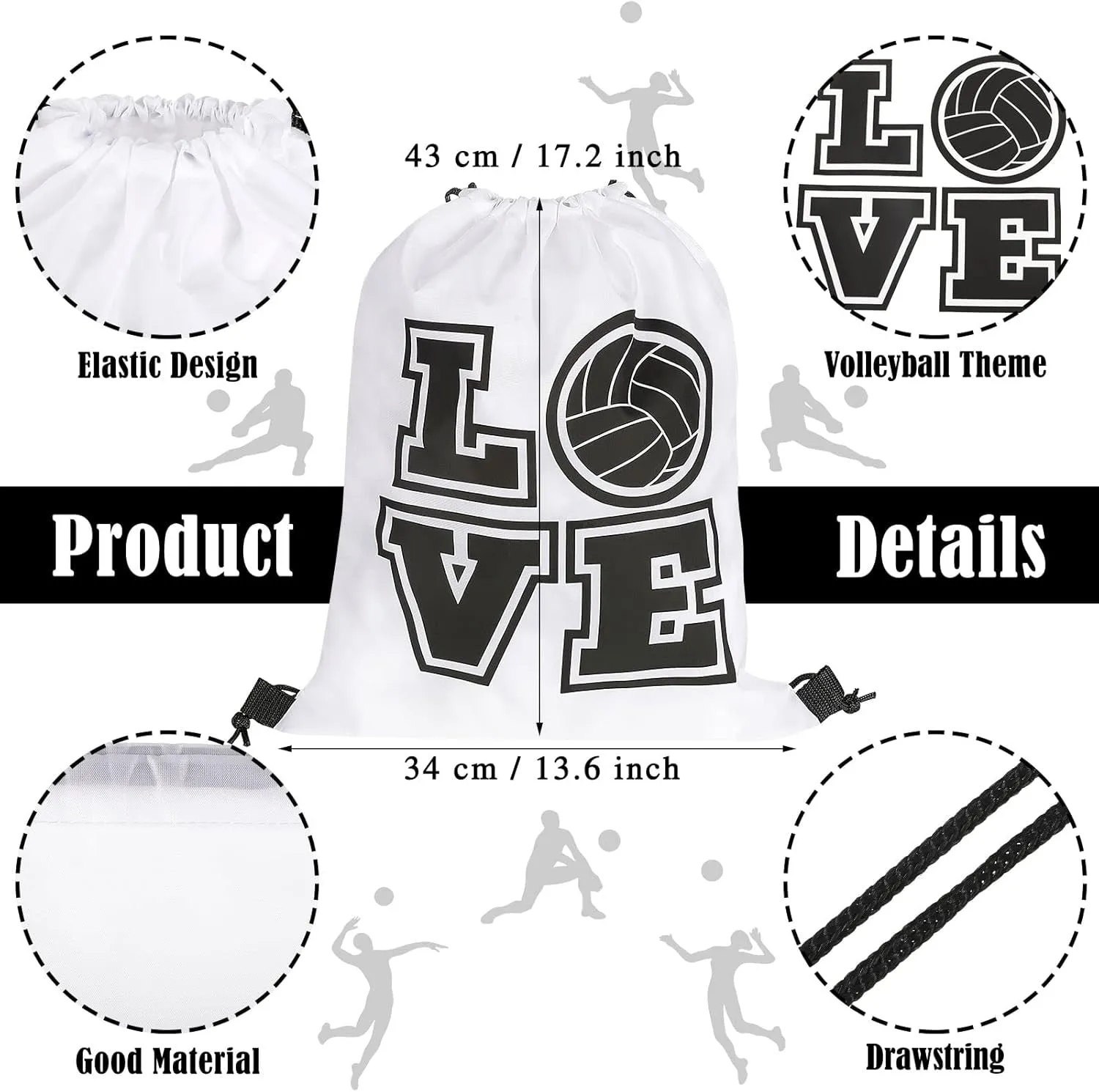 6 Pcs 17.2 Inch Volleyball Bags Gifts Volleyball Drawstring Backpack Sport Party Favors for Women Men(White)