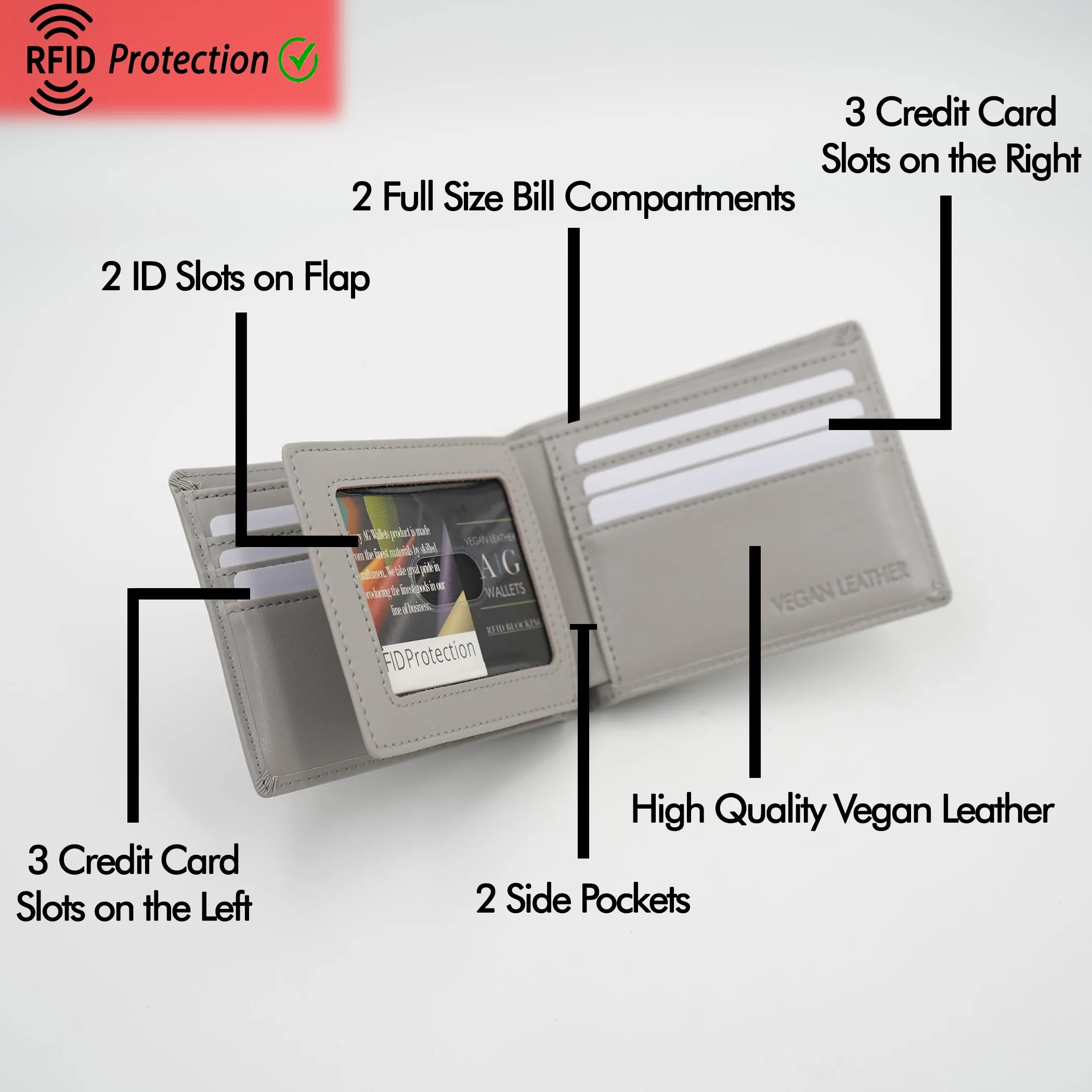 AG Wallets Men's Vegan Leather Bifold Wallet with RFID Protection - 2 Full-Size Cash Compartments, 6 Credit Card Slots, 2 Side Slip Slots, 2 Clear ID Windows for Ultimate Organization