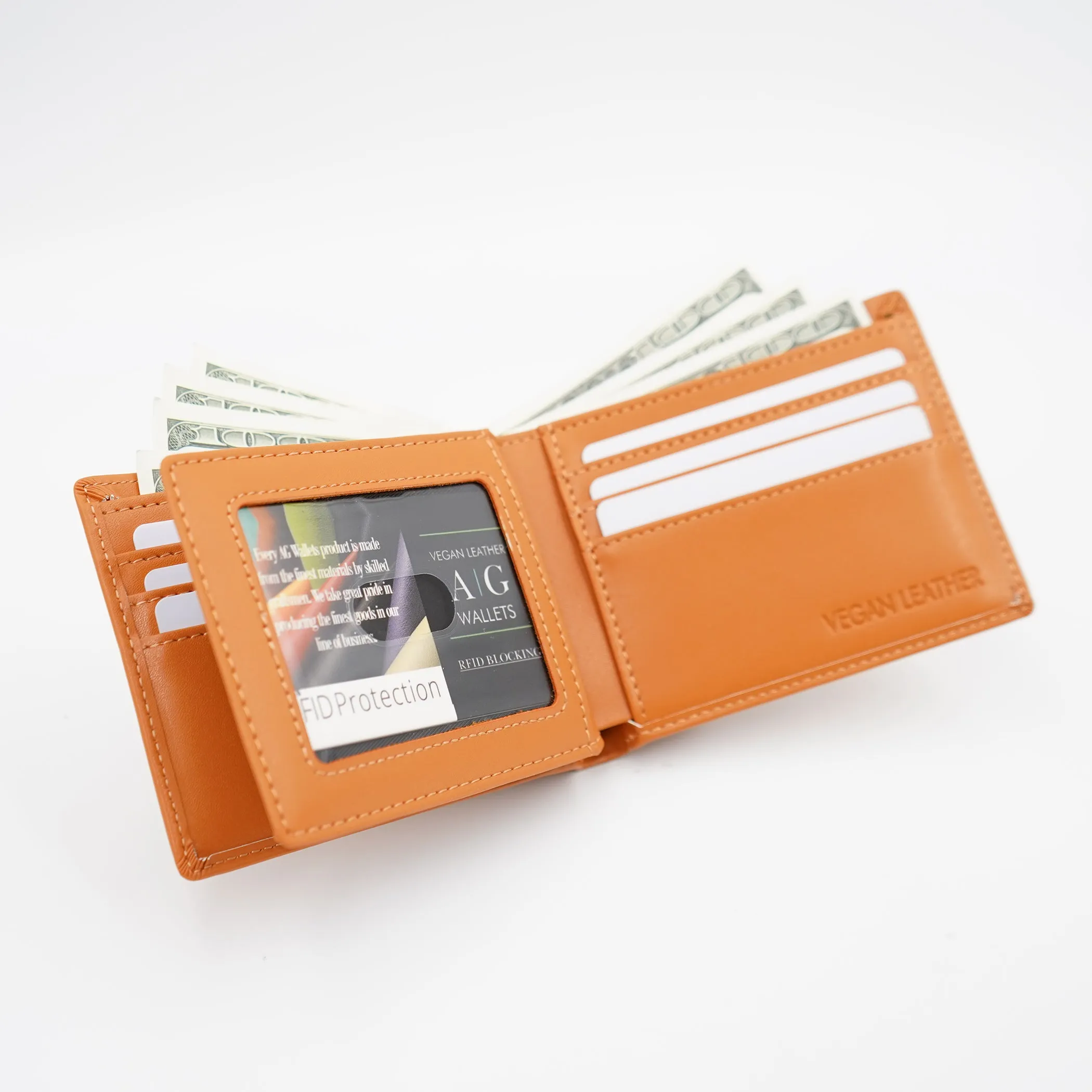 AG Wallets Men's Vegan Leather Bifold Wallet with RFID Protection - 2 Full-Size Cash Compartments, 6 Credit Card Slots, 2 Side Slip Slots, 2 Clear ID Windows for Ultimate Organization