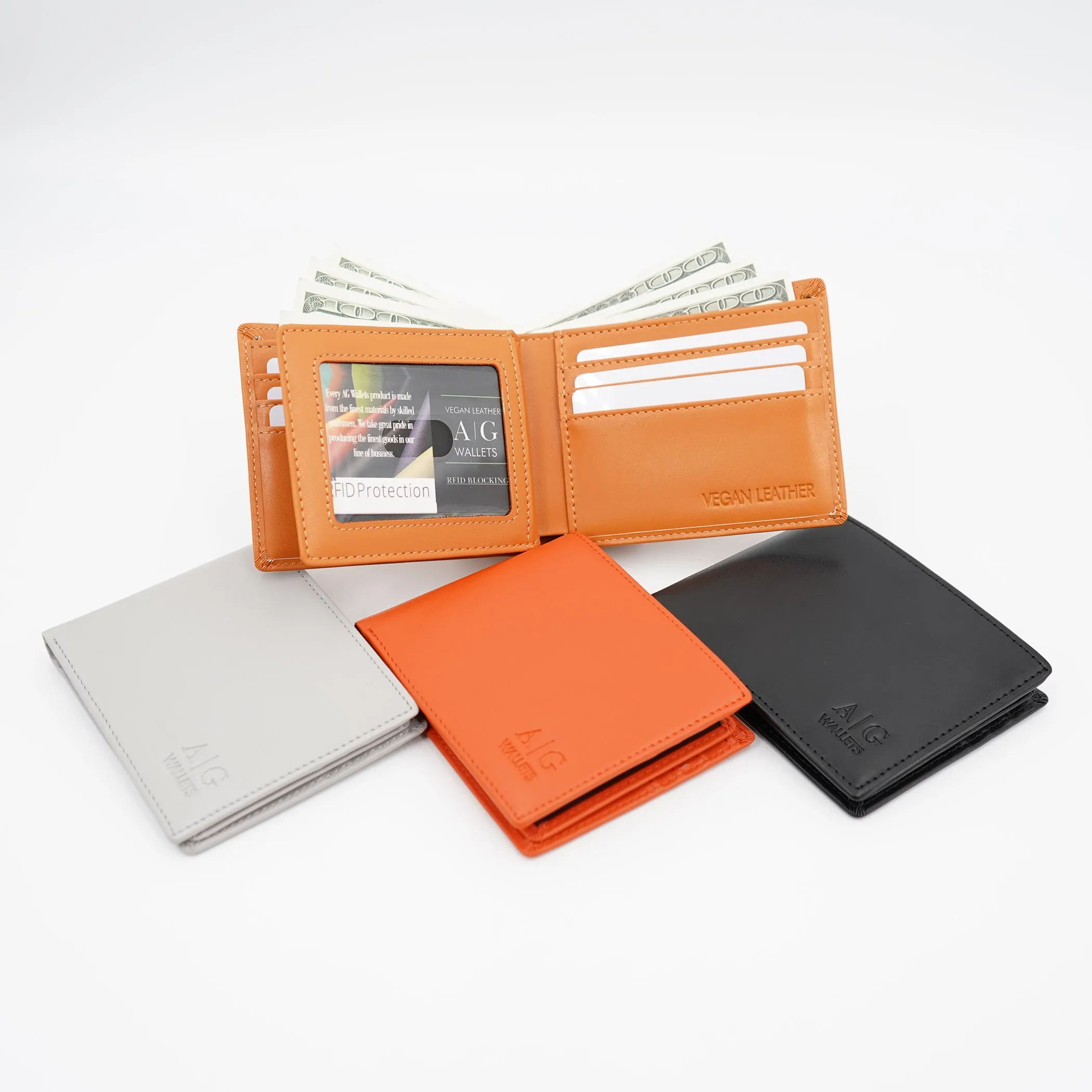 AG Wallets Men's Vegan Leather Bifold Wallet with RFID Protection - 2 Full-Size Cash Compartments, 6 Credit Card Slots, 2 Side Slip Slots, 2 Clear ID Windows for Ultimate Organization