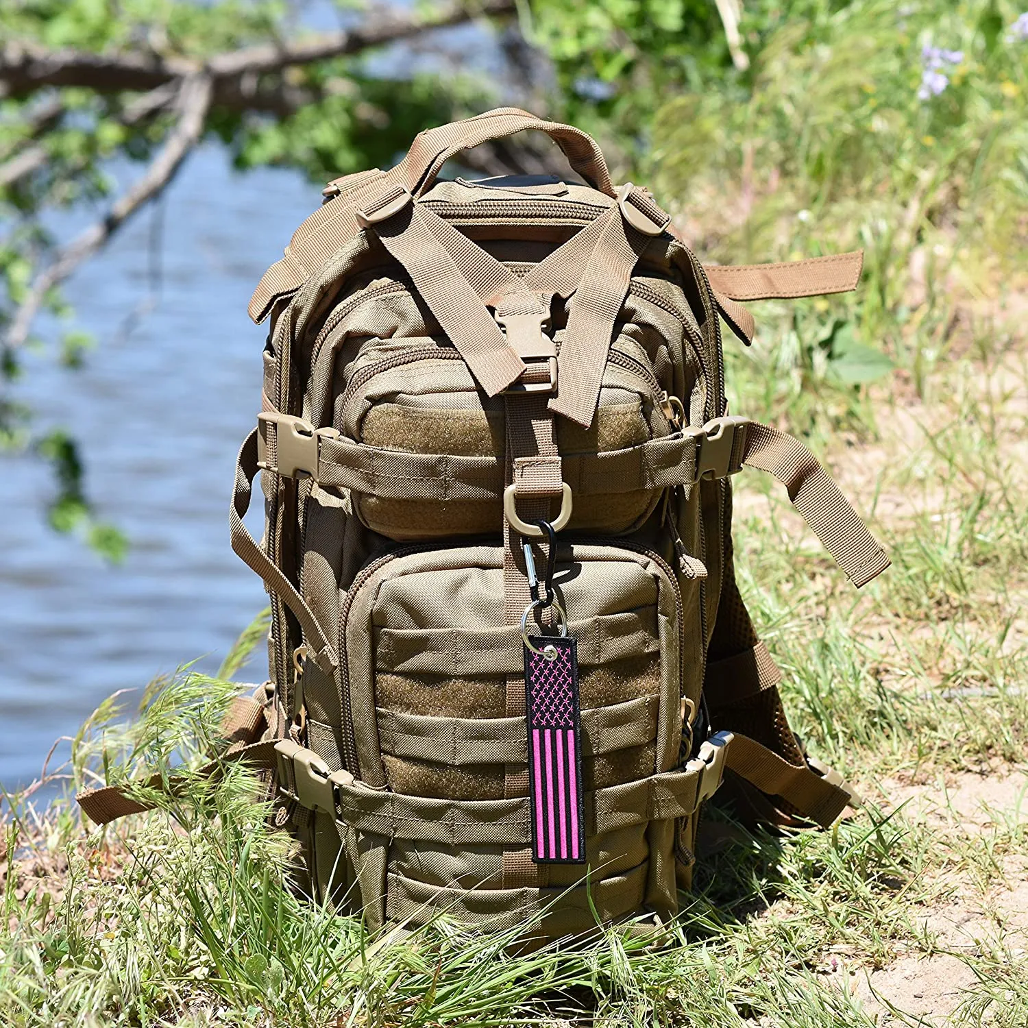 American Flag Keychain with Key Ring and Carabiner - (Pink)