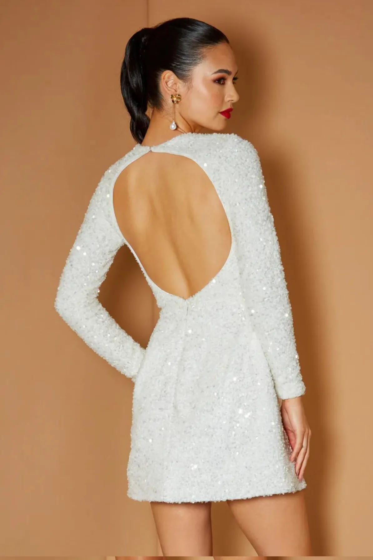 Avery Sequin Mini Dress in White by HELSI - RENTAL