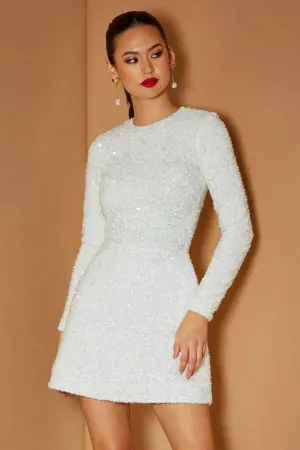 Avery Sequin Mini Dress in White by HELSI - RENTAL