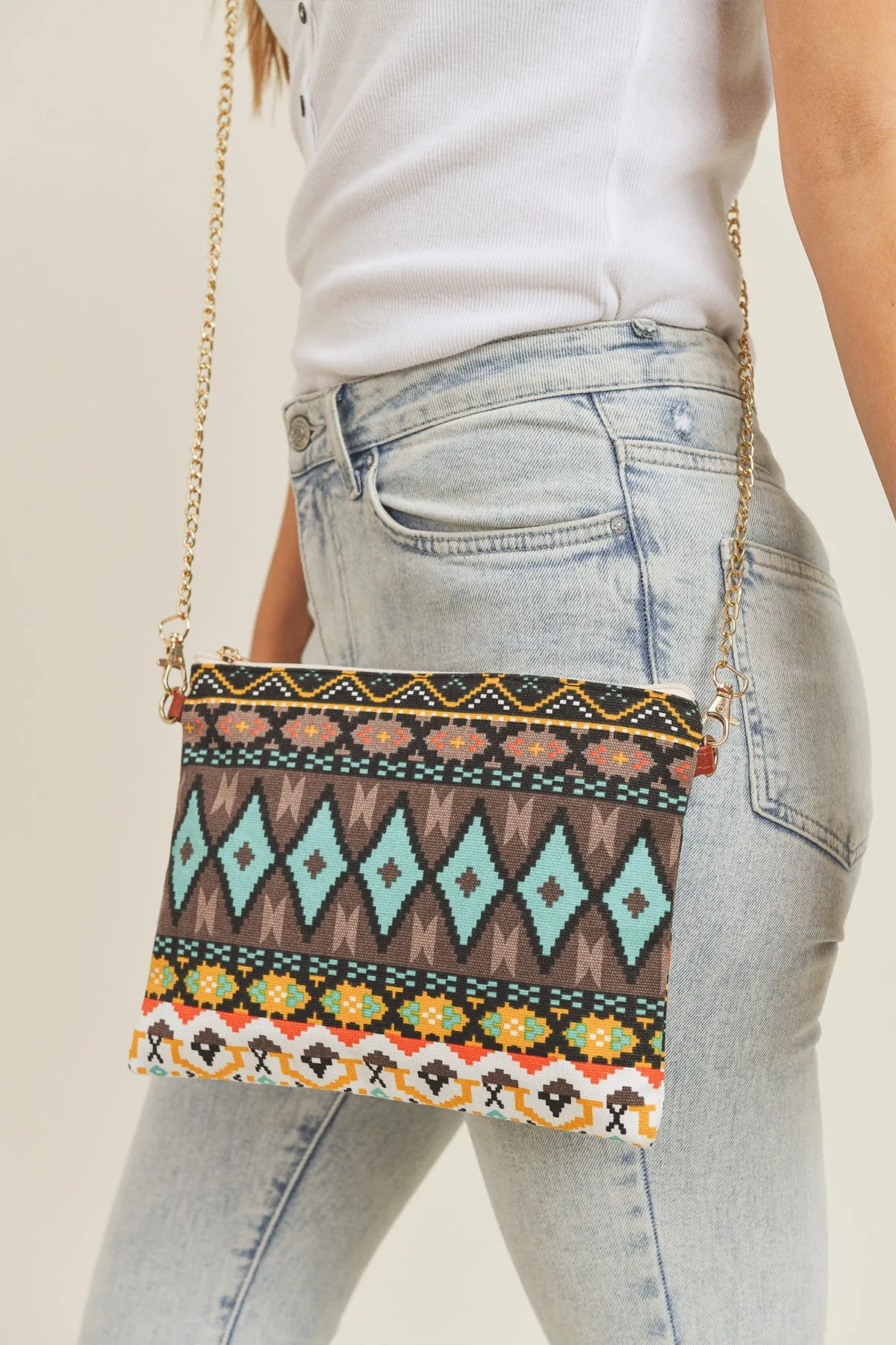 AZTEC PRINT CROSSBODY & WRISTLET BAG