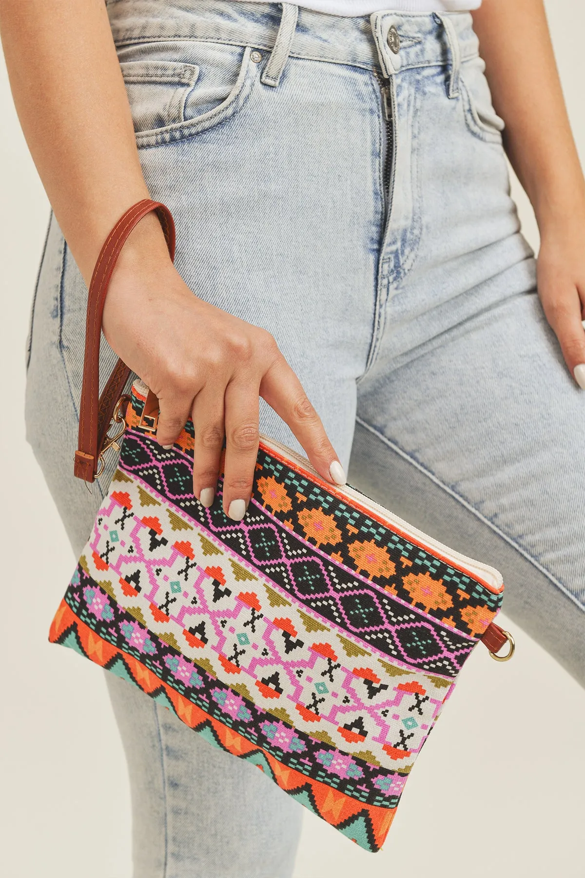 AZTEC PRINT CROSSBODY & WRISTLET BAG