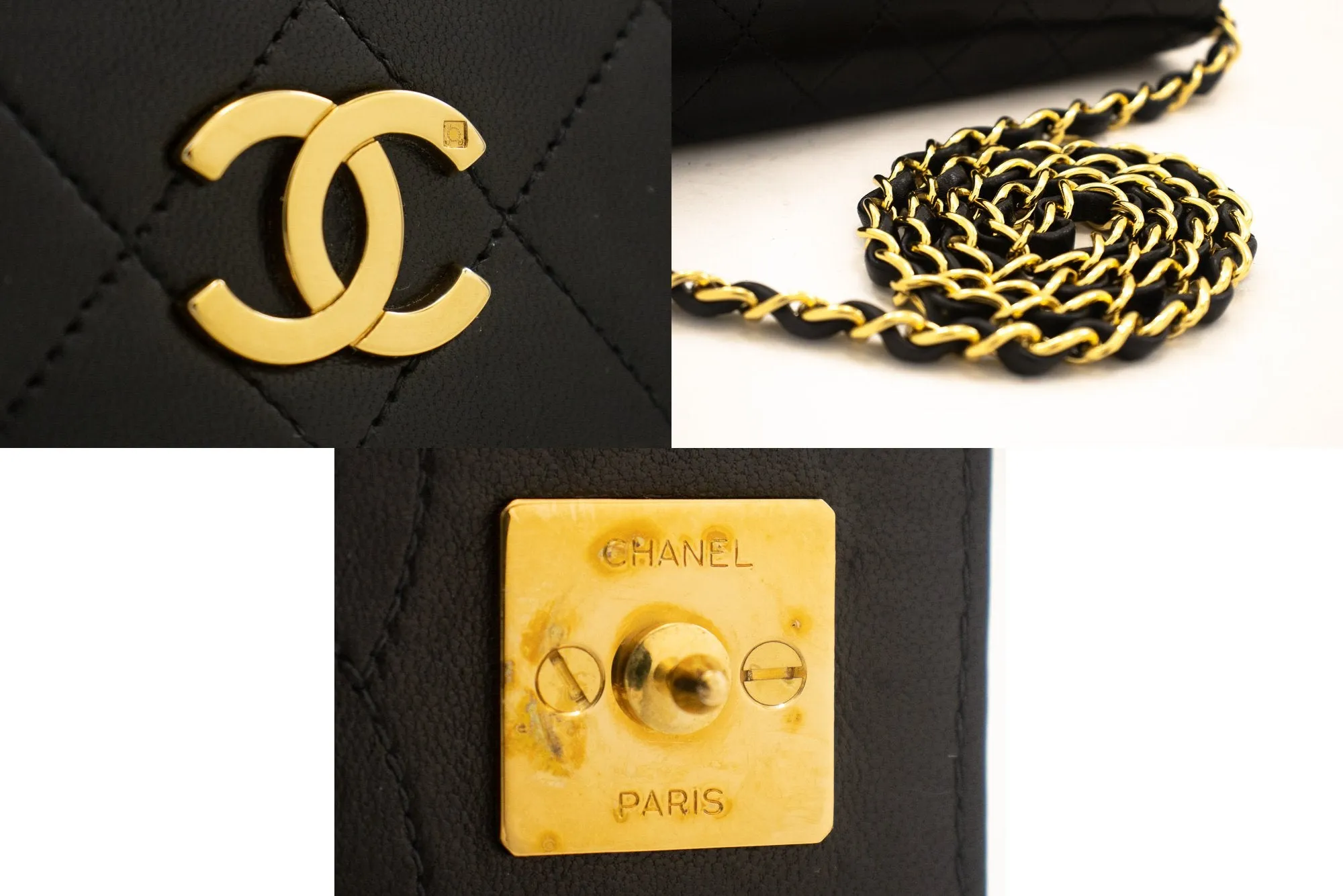 CHANEL Full Flap Chain Shoulder Bag Clutch Black Quilted Lambskin j67