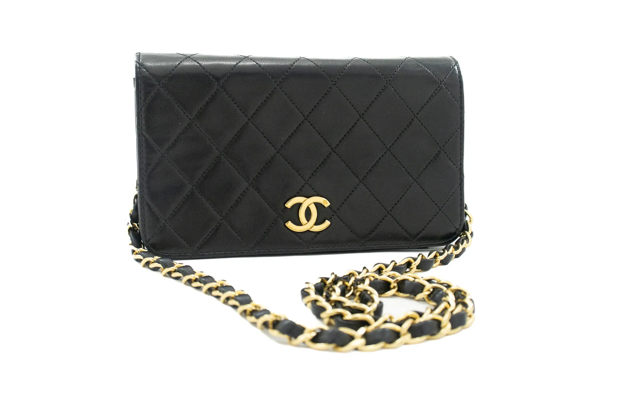 CHANEL Full Flap Chain Shoulder Bag Clutch Black Quilted Lambskin j67