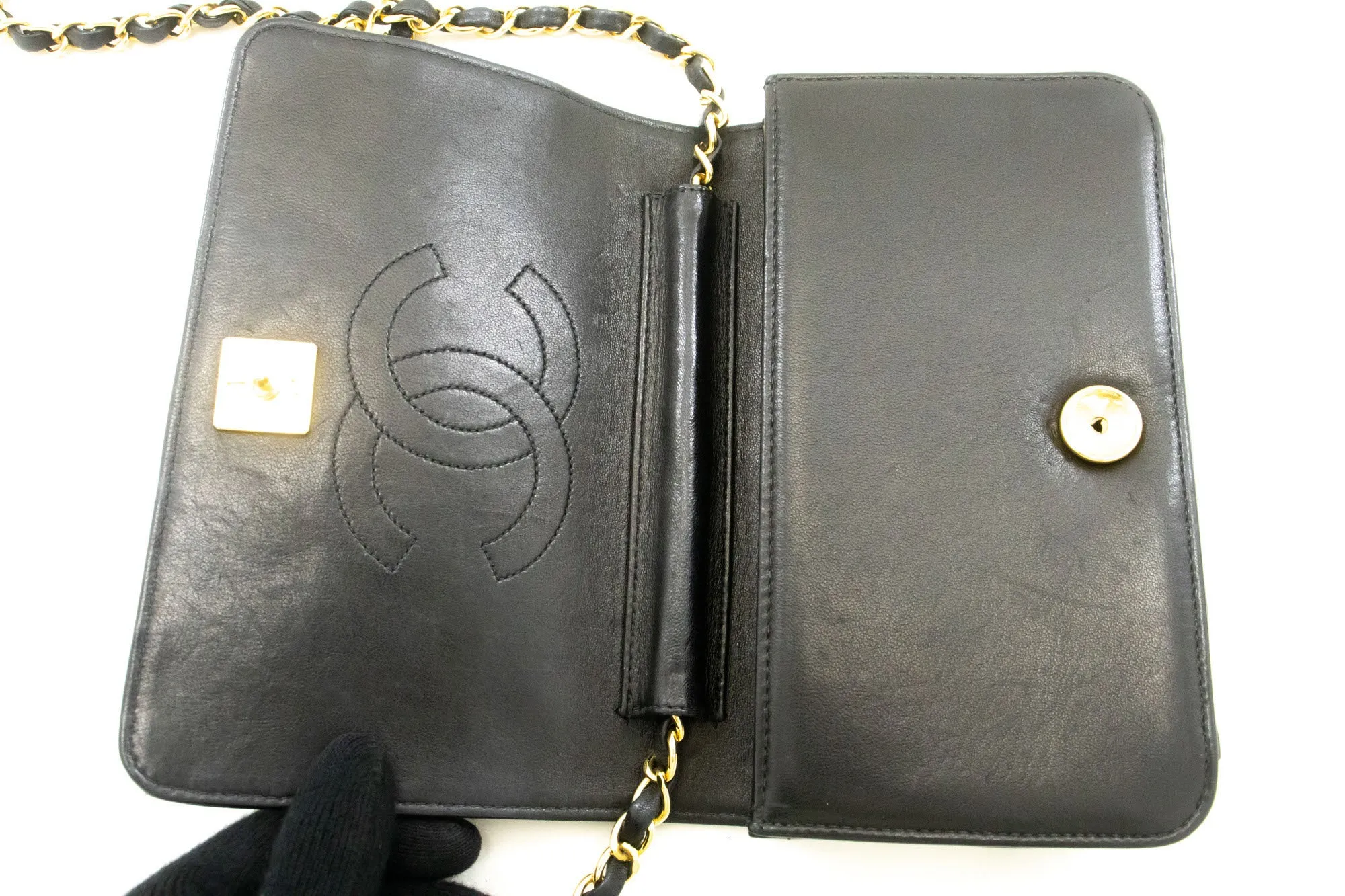 CHANEL Full Flap Chain Shoulder Bag Clutch Black Quilted Lambskin p19