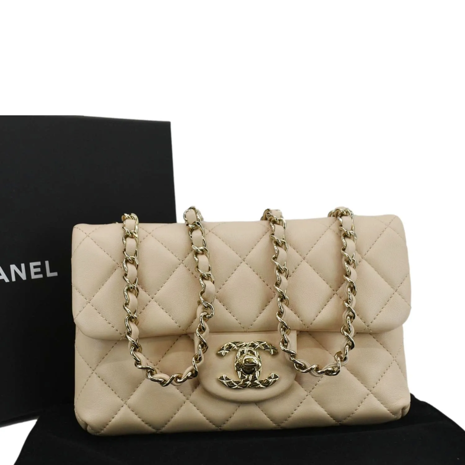 CHANEL Mini Rectangular Flap Quilted Leather Crossbody Bag Beige