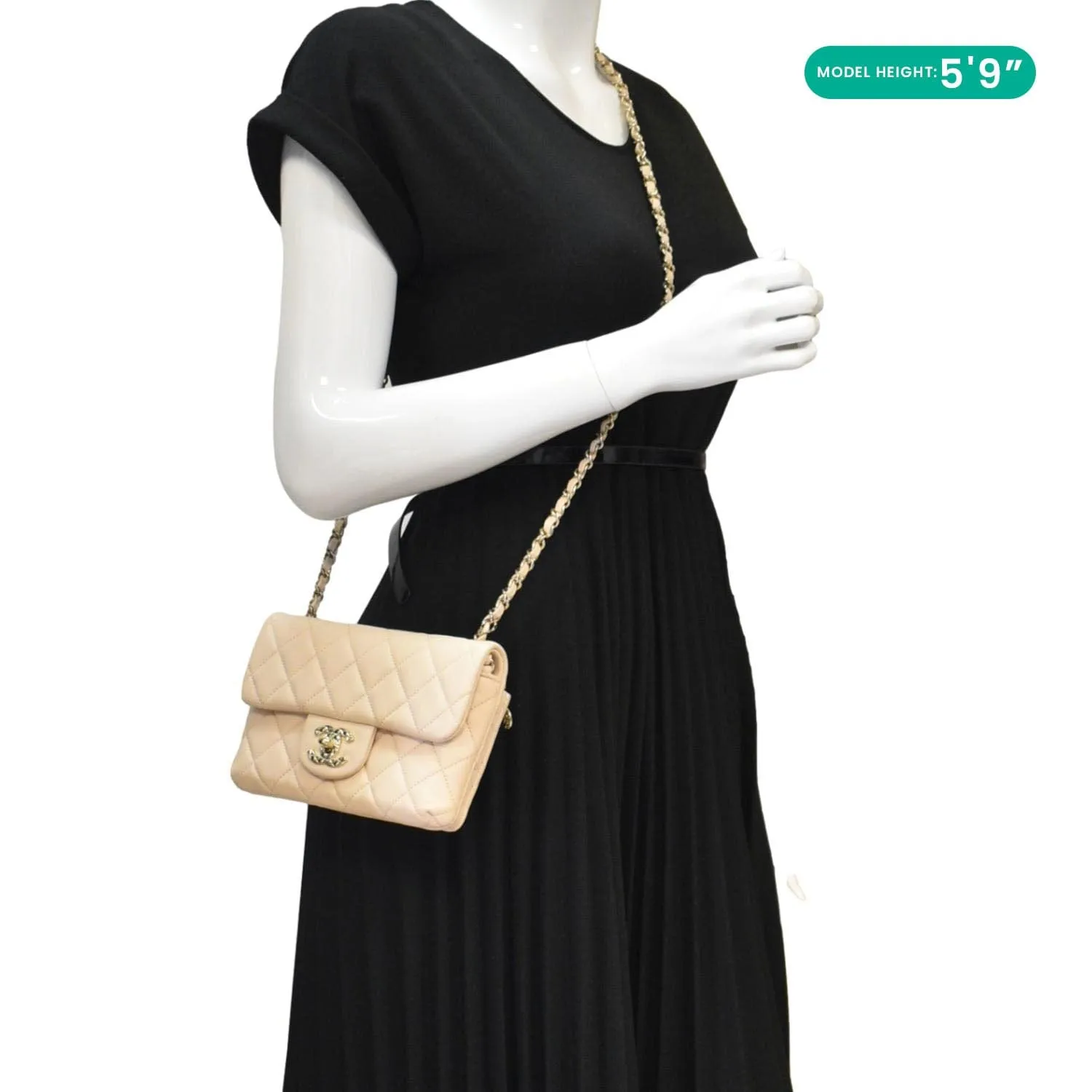 CHANEL Mini Rectangular Flap Quilted Leather Crossbody Bag Beige