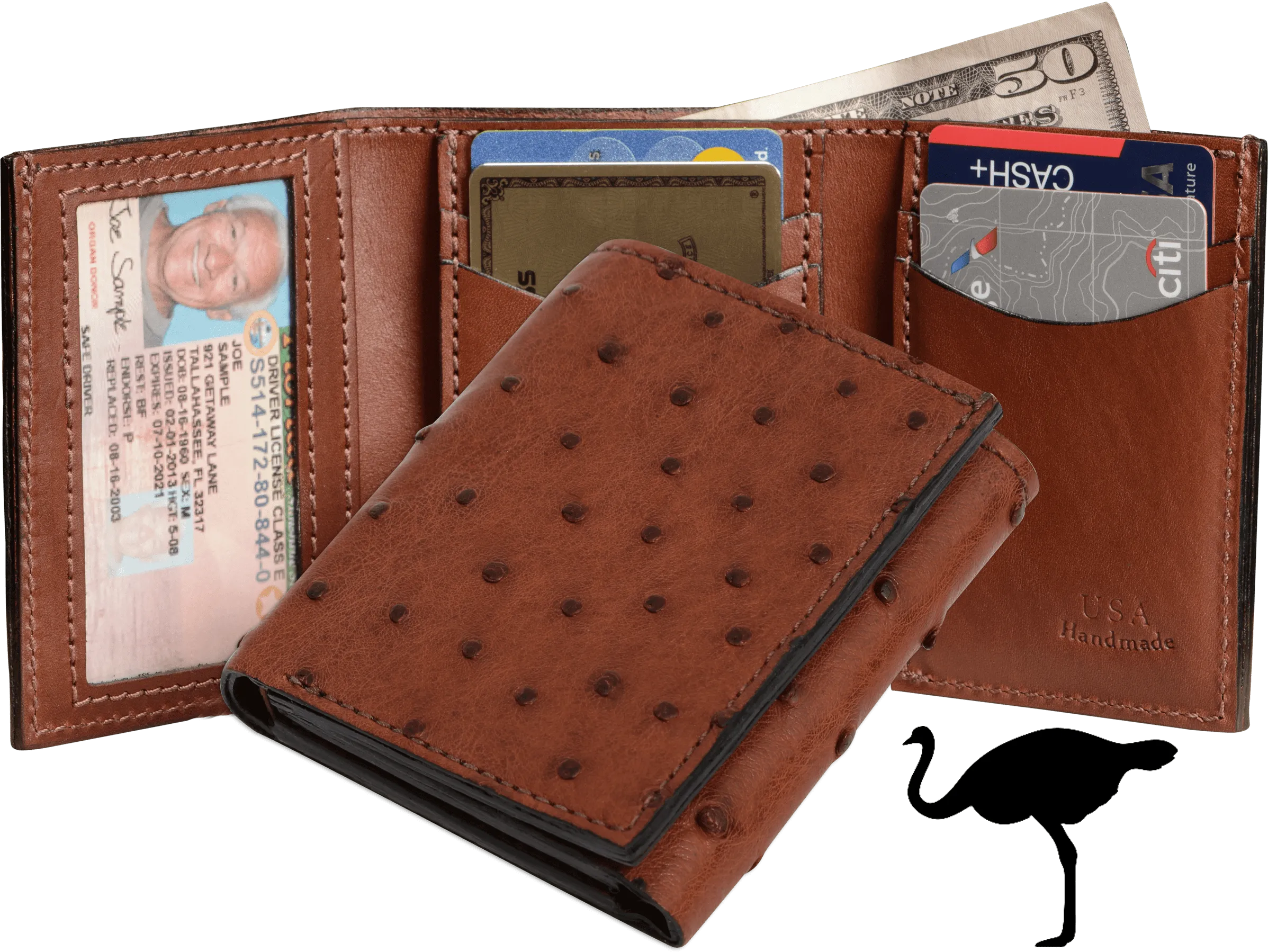 Cognac Ostrich Full Quill Luxury Designer Exotic Trifold Wallet With ID Window