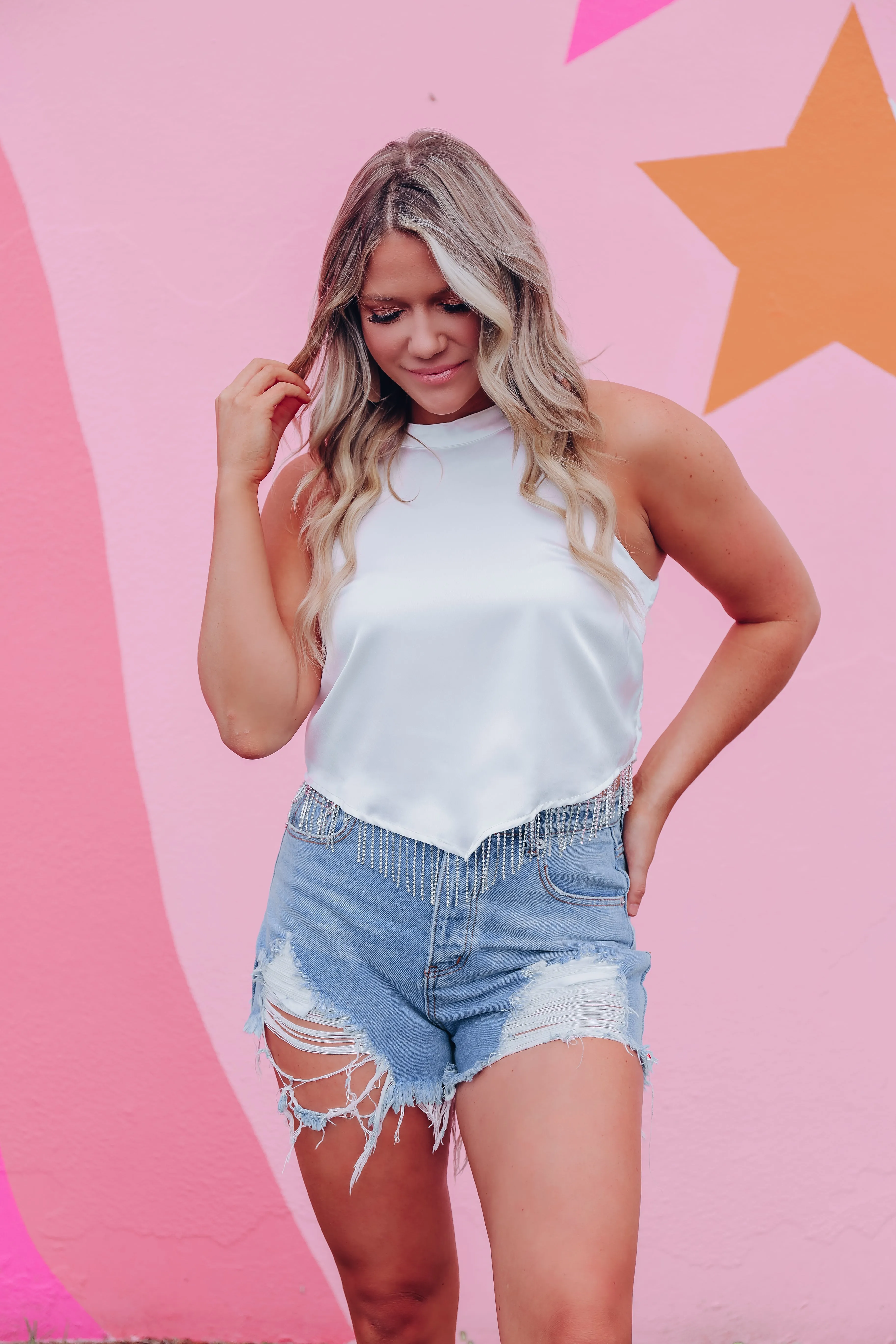 Dazzle Satin Mock Neck Crop Top - White