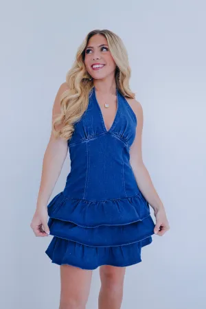 Denim Frills Ruffled Halter Dress - 2 Colors