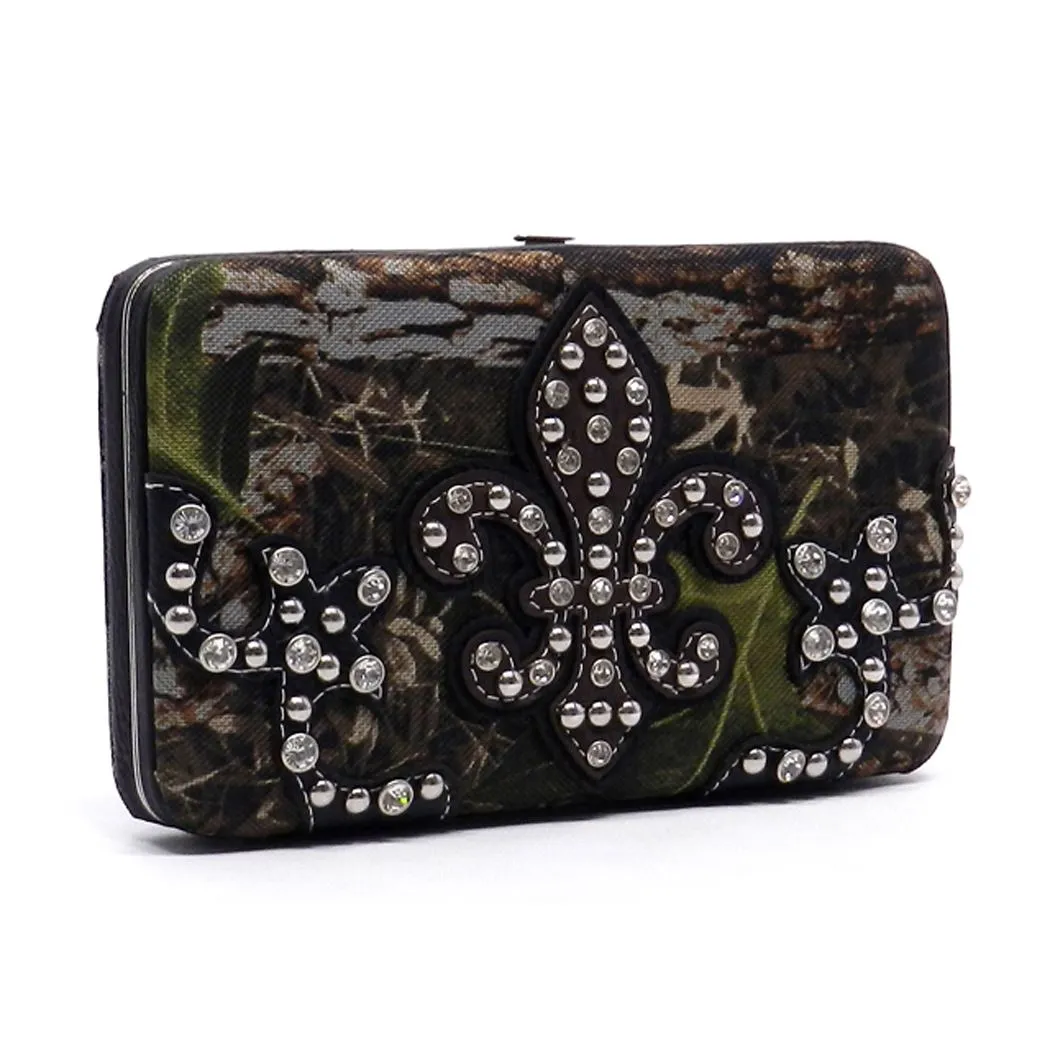 Fleur De Lis canvas western Camouflage Frame L Wallet studs rhinestone woman