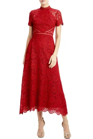 Georgina Lace Midi Dress in Red by ML Monique Lhuillier - RENTAL