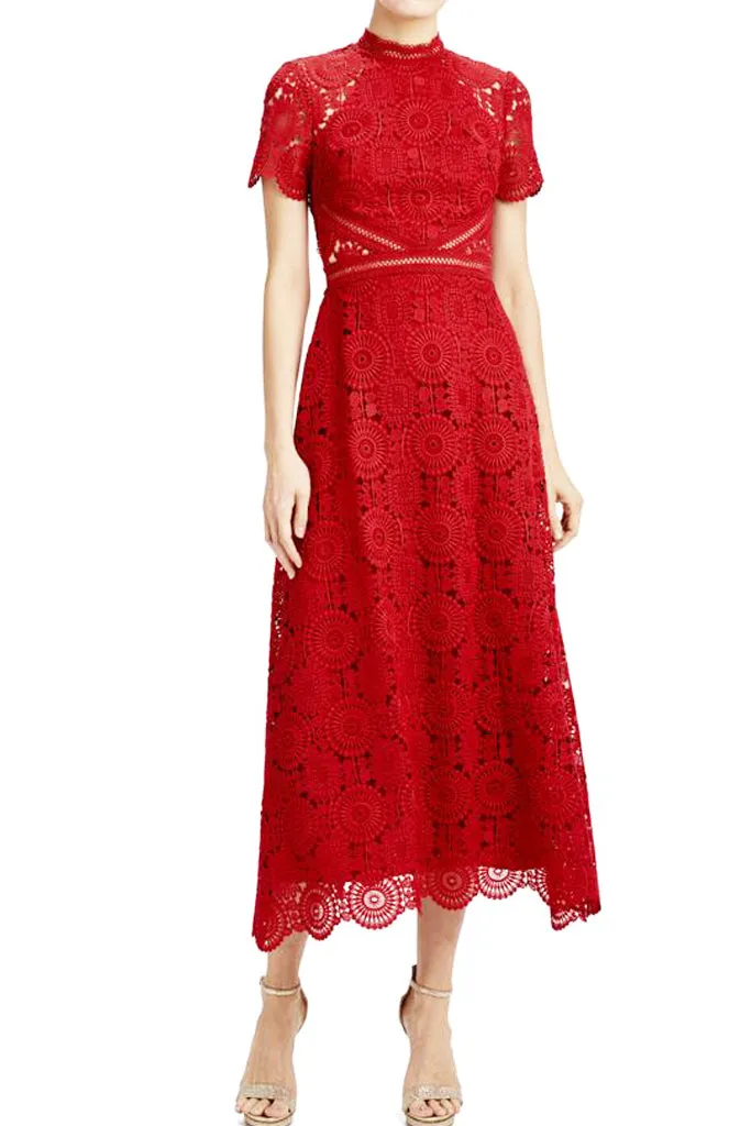 Georgina Lace Midi Dress in Red by ML Monique Lhuillier - RENTAL