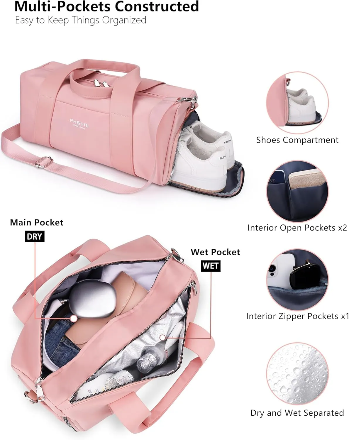 in for with Compact 16" Gym & for Travel Shoe Reliable Compartment, Wet Pocket Sports Stylish Perfect Pink Workouts, - Mini Women Retro-inspired Duffle & Bag