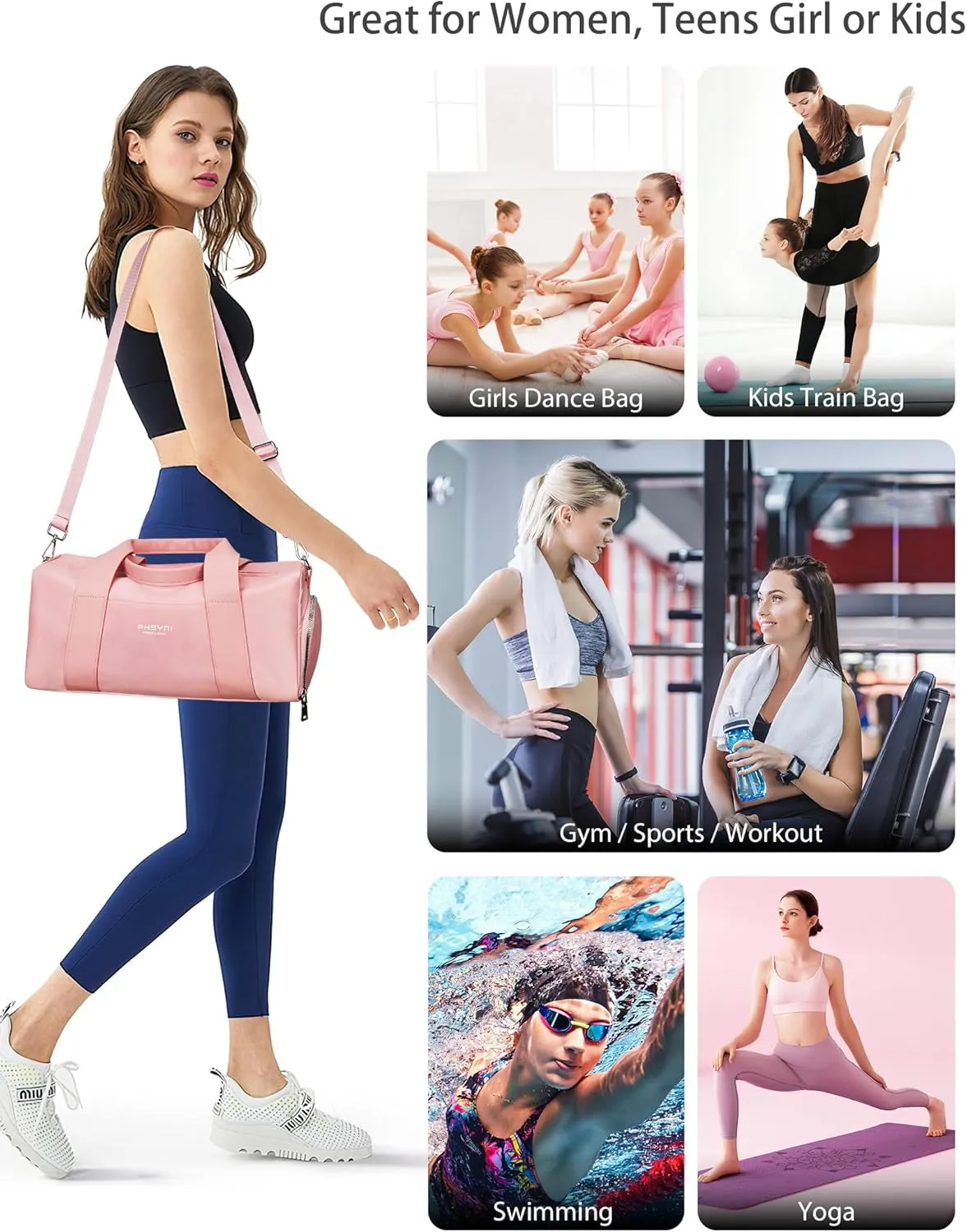 in for with Compact 16" Gym & for Travel Shoe Reliable Compartment, Wet Pocket Sports Stylish Perfect Pink Workouts, - Mini Women Retro-inspired Duffle & Bag