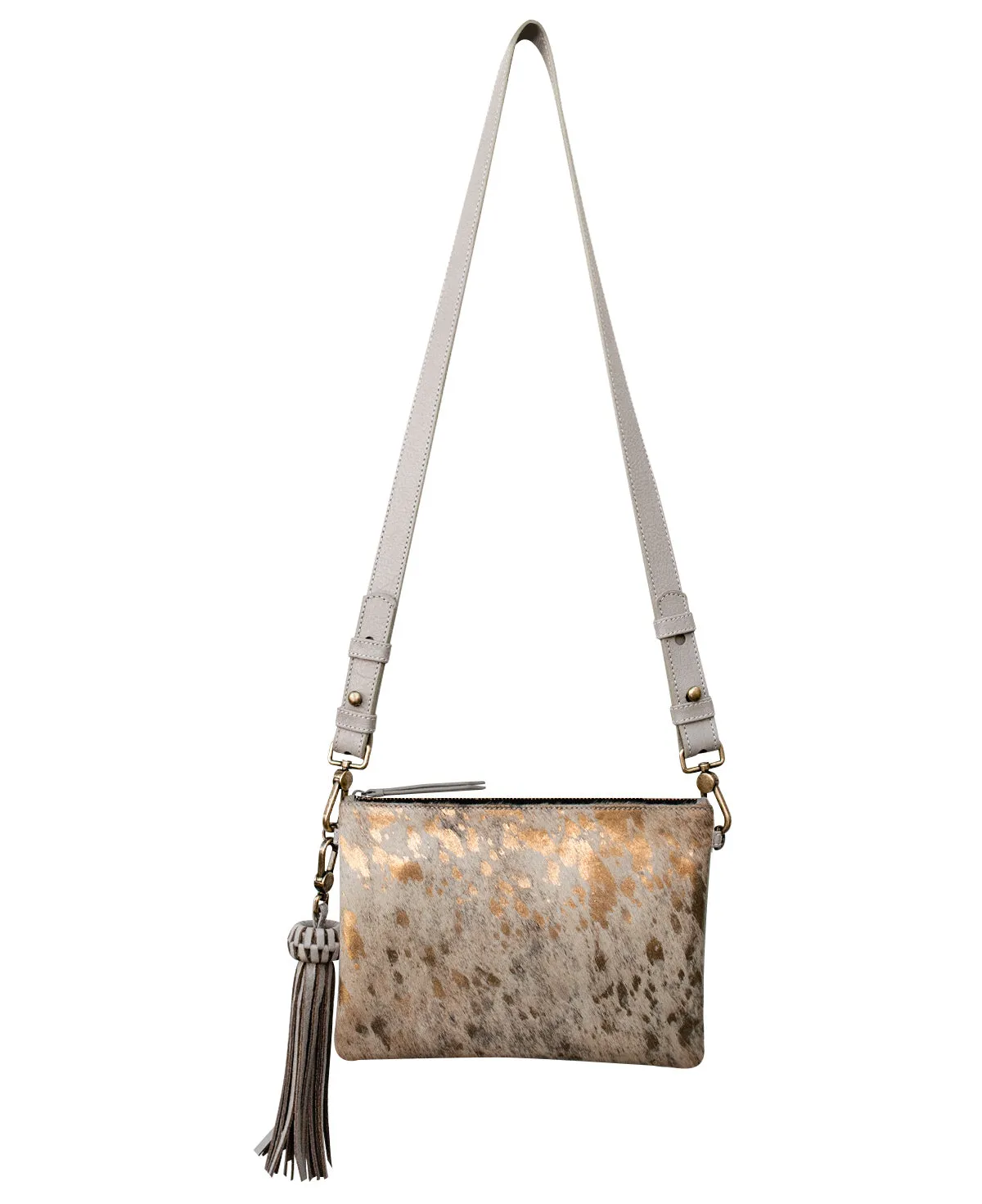 KAHLO Handcrafted Crossbody Bag  - Gray & Furry Gold Leather