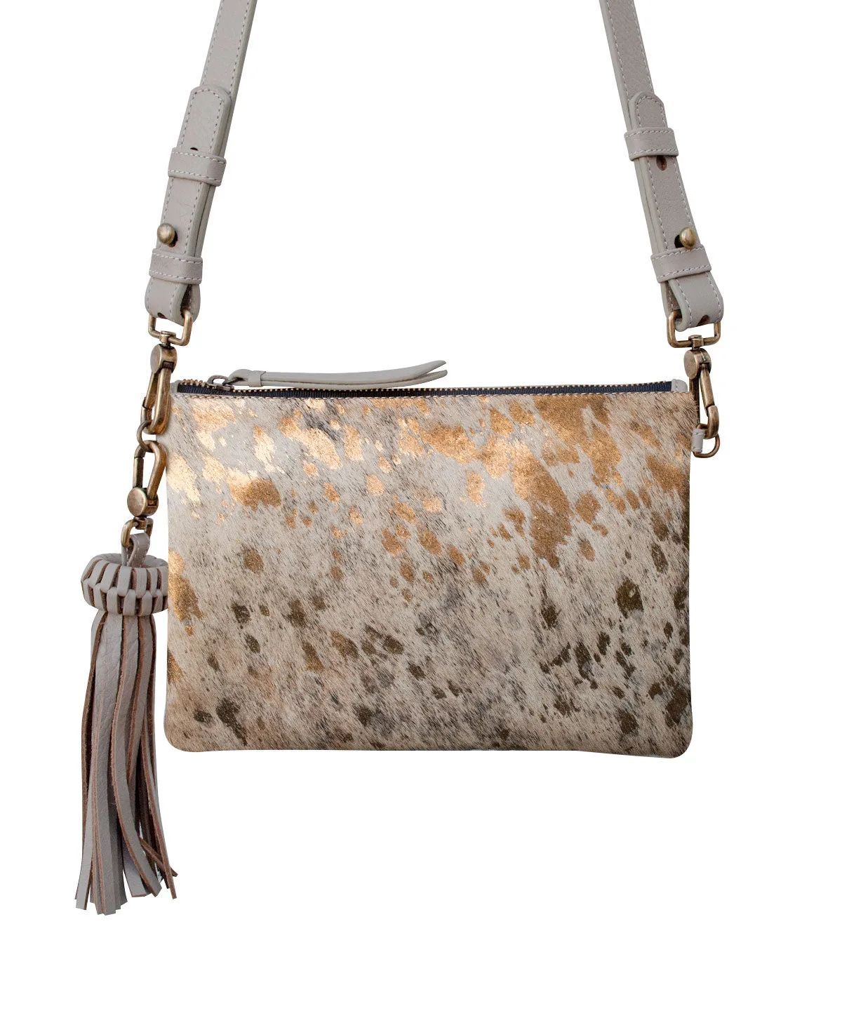KAHLO Handcrafted Crossbody Bag  - Gray & Furry Gold Leather
