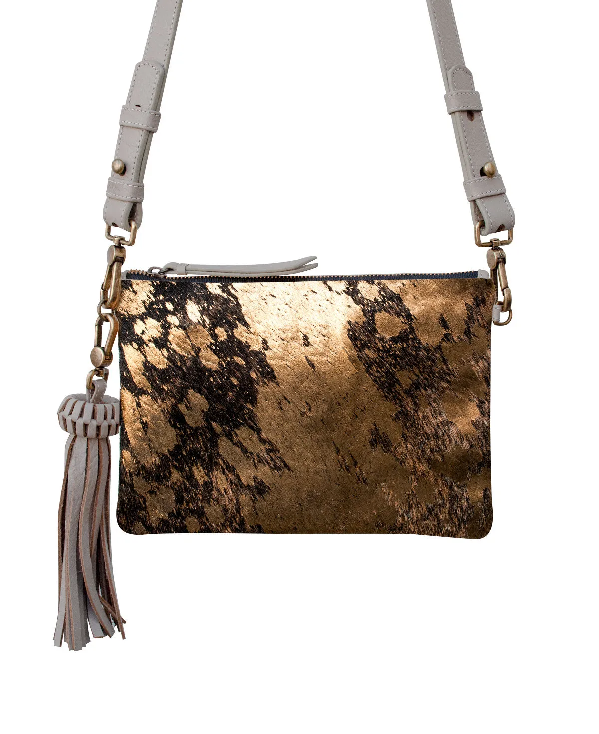 KAHLO Handcrafted Crossbody Bag  - Gray & Furry Gold Leather