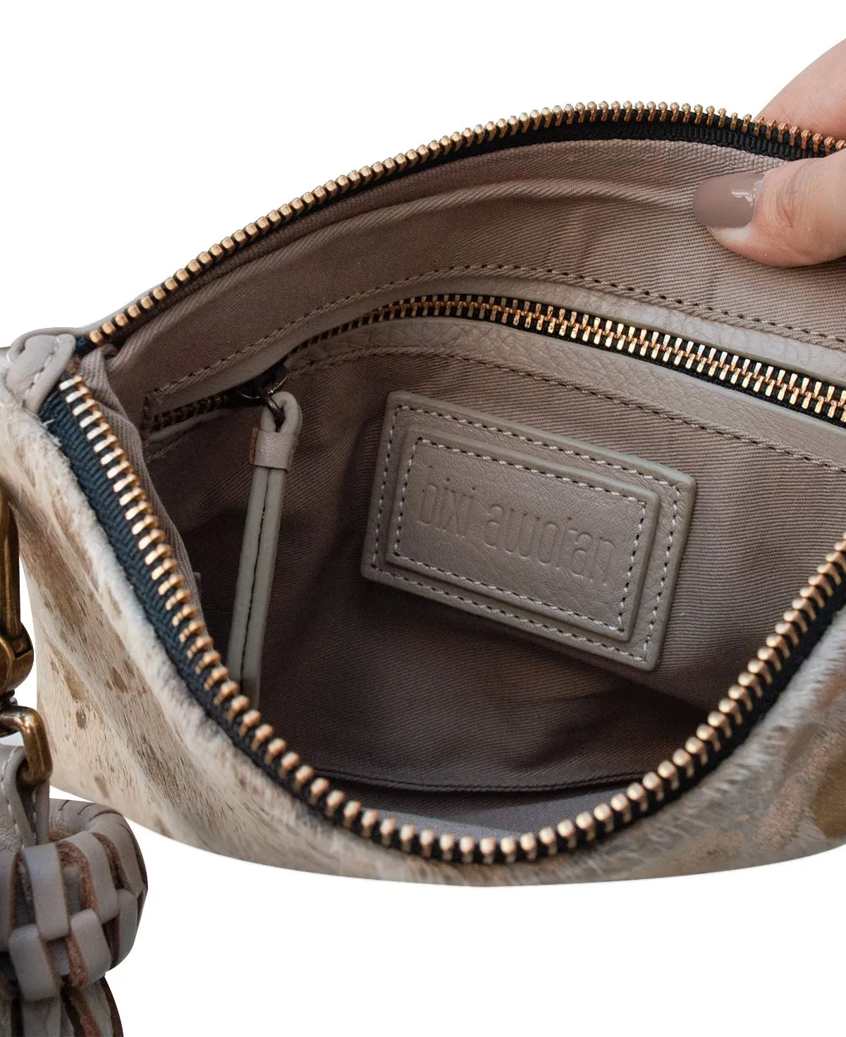 KAHLO Handcrafted Crossbody Bag  - Gray & Furry Gold Leather