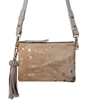 KAHLO Handcrafted Crossbody Bag  - Gray & Furry Gold Leather