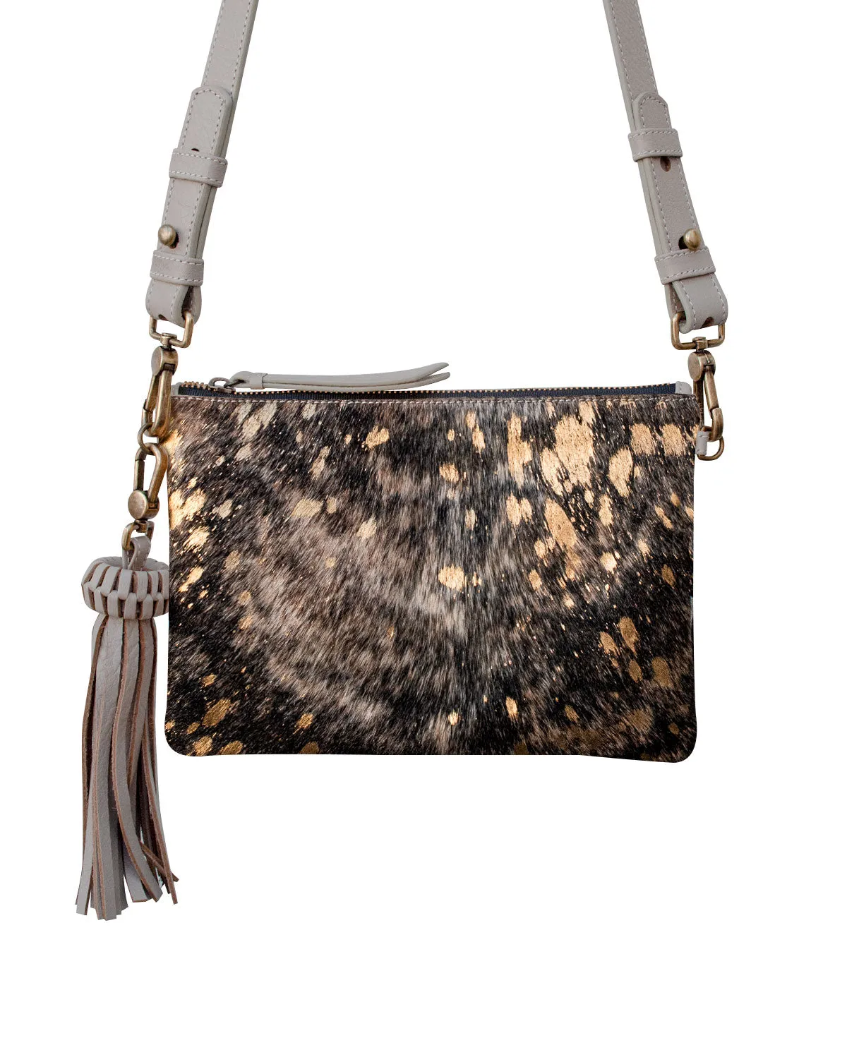 KAHLO Handcrafted Crossbody Bag  - Gray & Furry Gold Leather