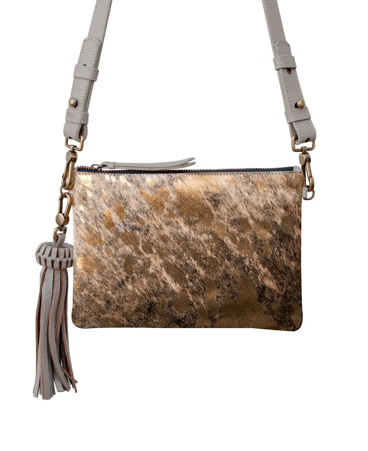 KAHLO Handcrafted Crossbody Bag  - Gray & Furry Gold Leather