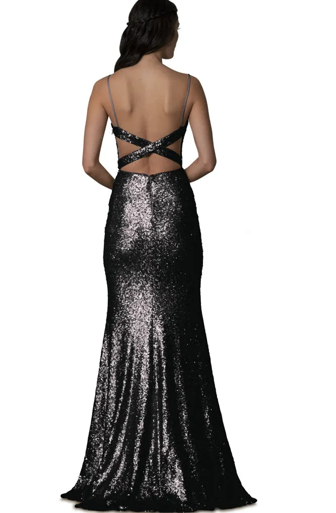 Kim Cross Back Black Sequin Gown by Theia Couture - RENTAL