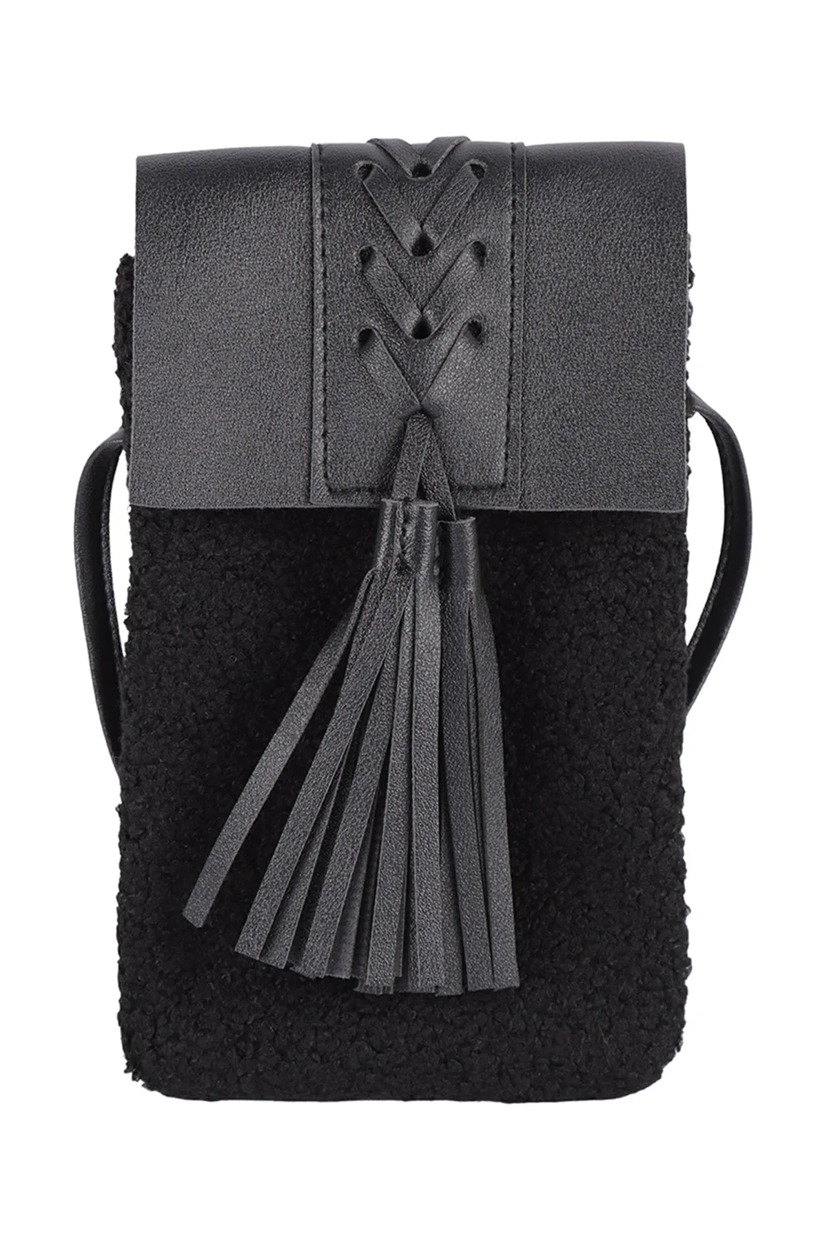 LEATHER BRAIDED TASSEL SHERPA W/ CROSSBODY CELL PHONE BAG