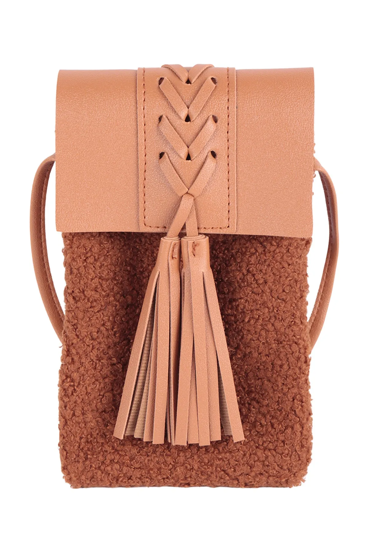 LEATHER BRAIDED TASSEL SHERPA W/ CROSSBODY CELL PHONE BAG