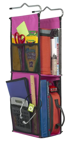 LockerWorks 2 Shelf Hanging Locker Organizer, 22-24 Inches Tall, Side Pockets, Suspends from Hooks, Shelf, or Closet Rod - Fuchsia/Black