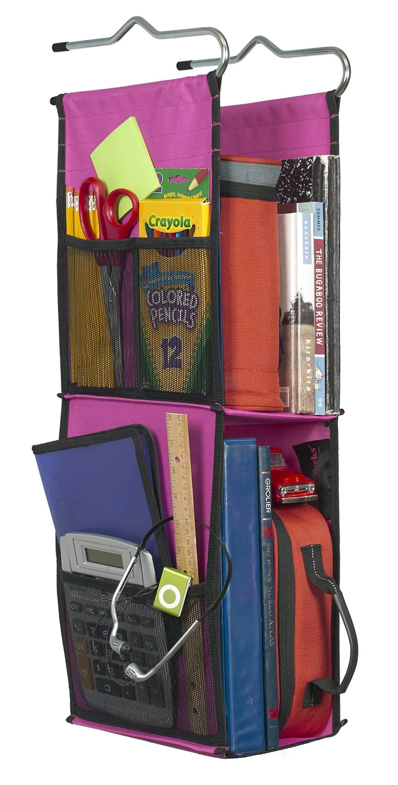 LockerWorks 2 Shelf Hanging Locker Organizer, 22-24 Inches Tall, Side Pockets, Suspends from Hooks, Shelf, or Closet Rod - Fuchsia/Black