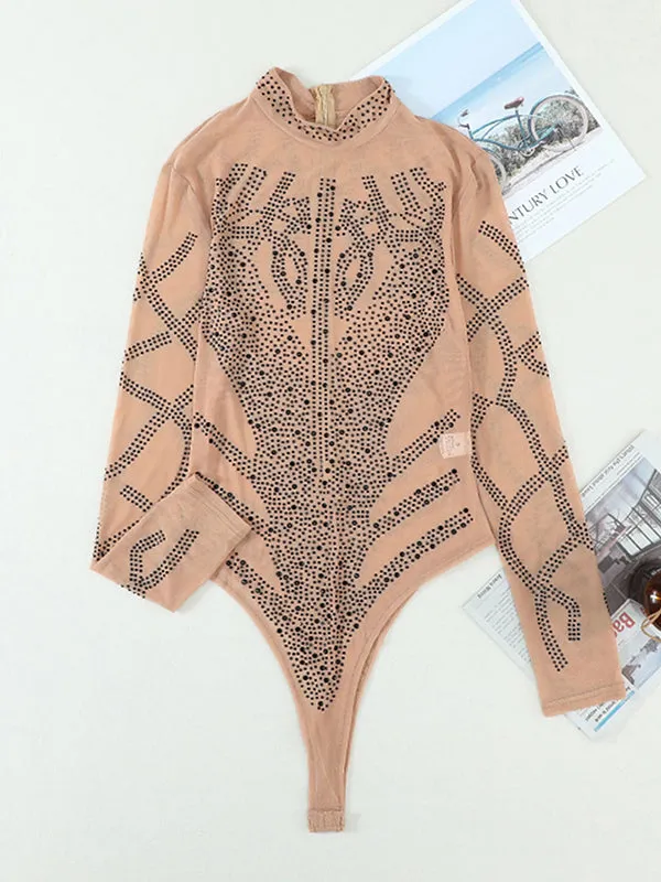 Momnfancy Chic Apricot Rhinestones Sparkly Transparent Bodycon Pregnancy Photoshoot Bodysuit Maternity Mini Jumpsuit