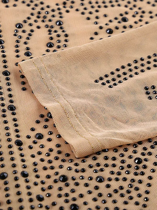 Momnfancy Chic Apricot Rhinestones Sparkly Transparent Bodycon Pregnancy Photoshoot Bodysuit Maternity Mini Jumpsuit