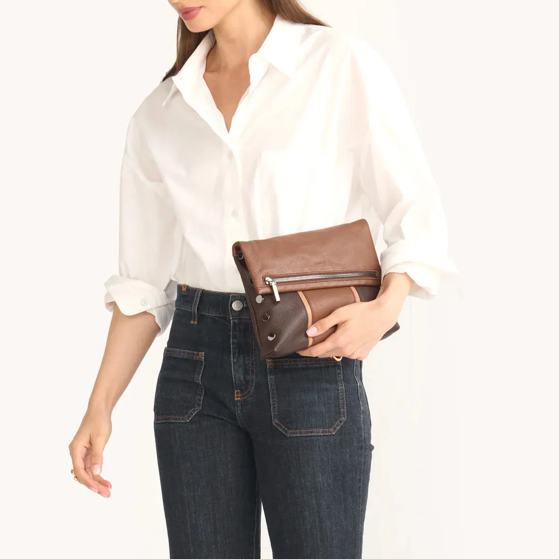 NEW Hammitt VIP Medium Orchestra Brown/Gunmetal Leather Crossbody Clutch
