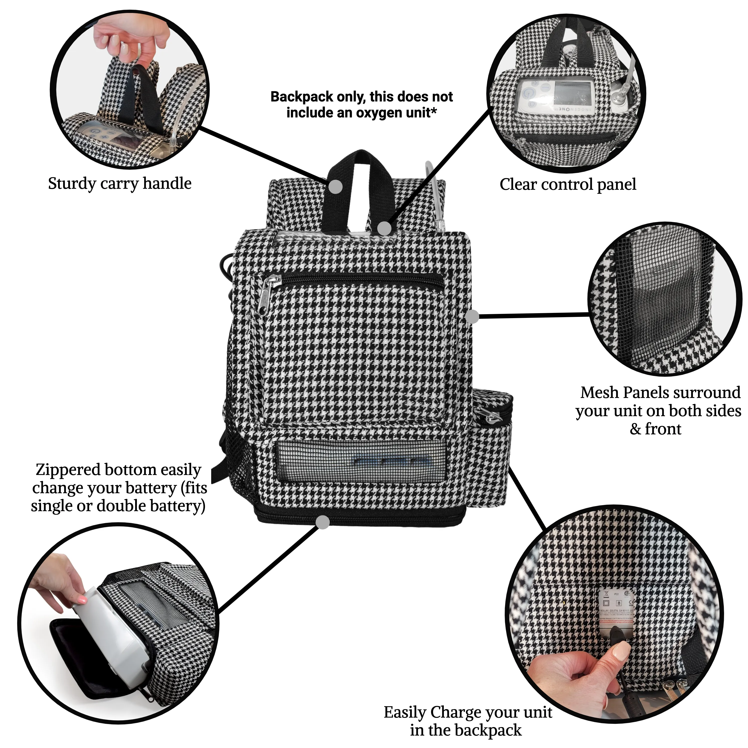 o2totes Inogen One G5 Lightweight Backpack w/Pockets - Houndstooth