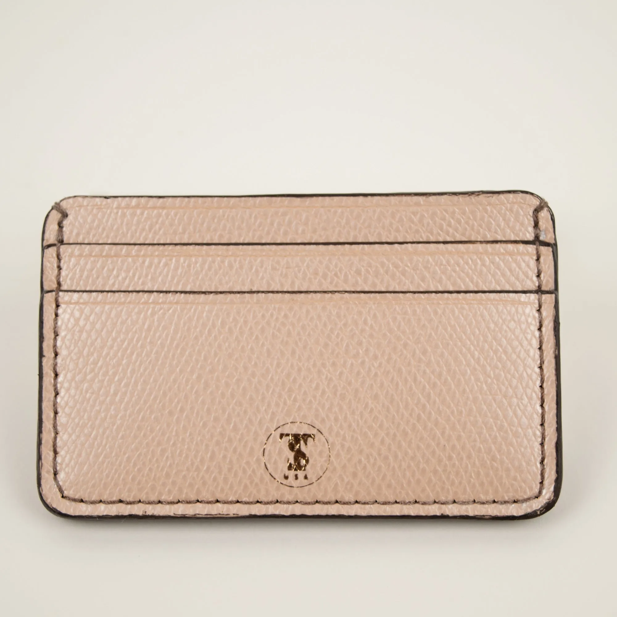 Pebbled Grain Leather Card Case in Frosted Coral