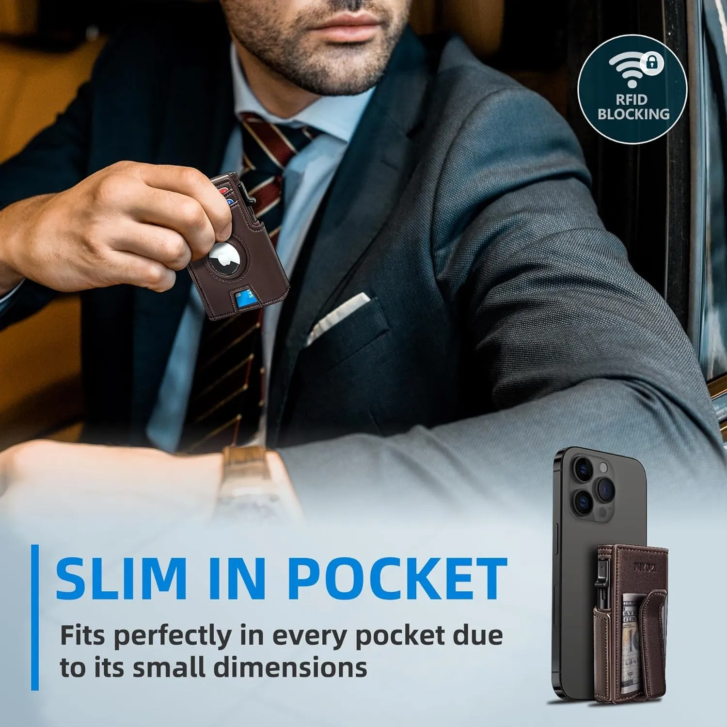 Pop-Up Wallet for Men with Money Clip & Airtag Holder